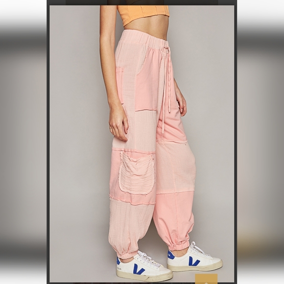 NEW 🌸 POL Pink Colorblock Fench Terry And Guaze Joggers - Picture 4 of 4